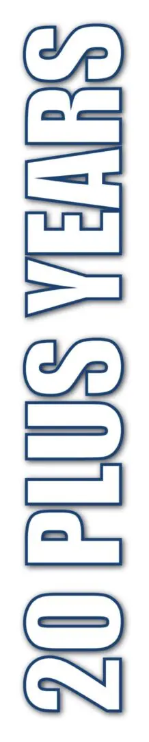 A blue and white logo with the words 20 years plus representing a business management company.