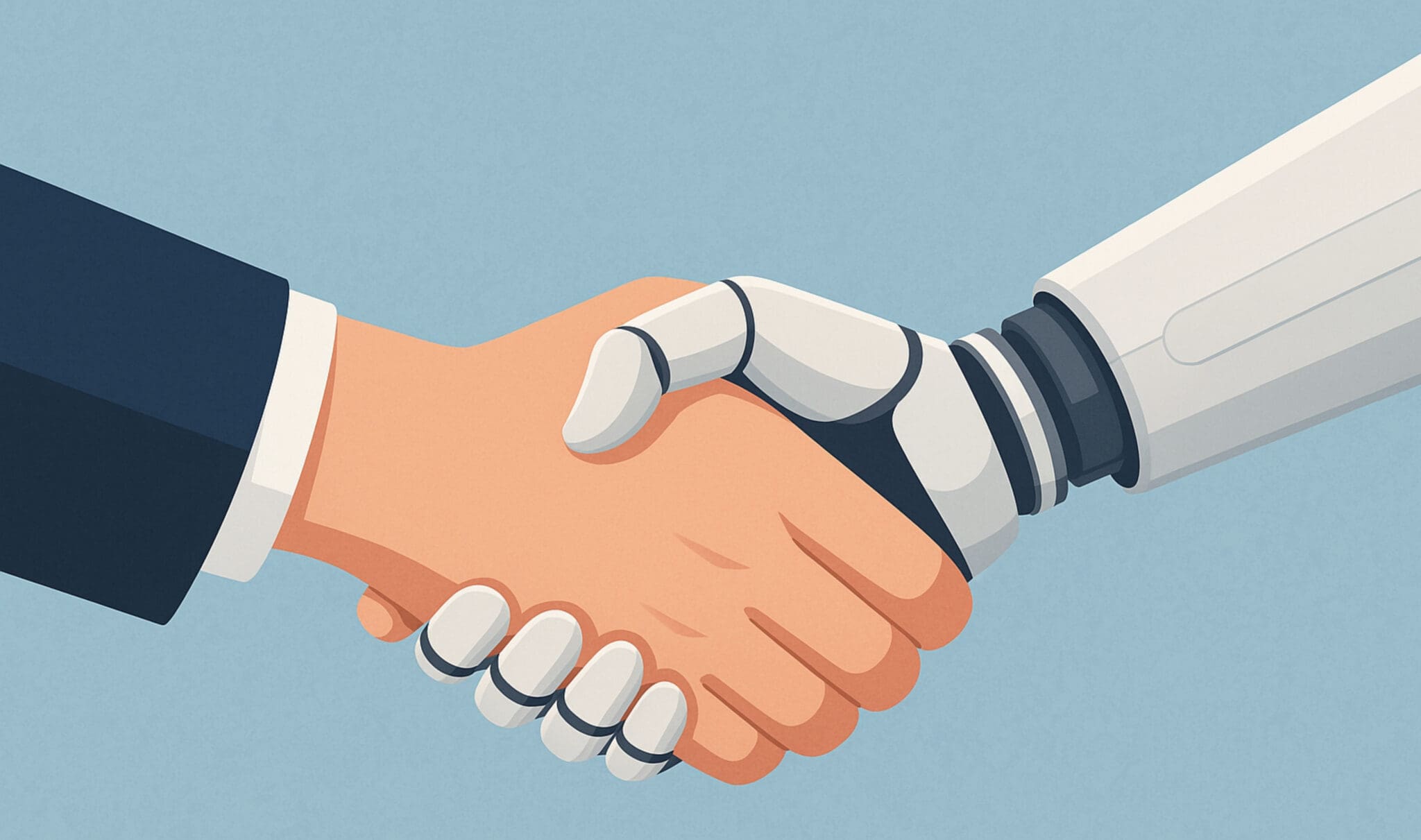 A human hand shaking a robot hand symbolizing collaboration.