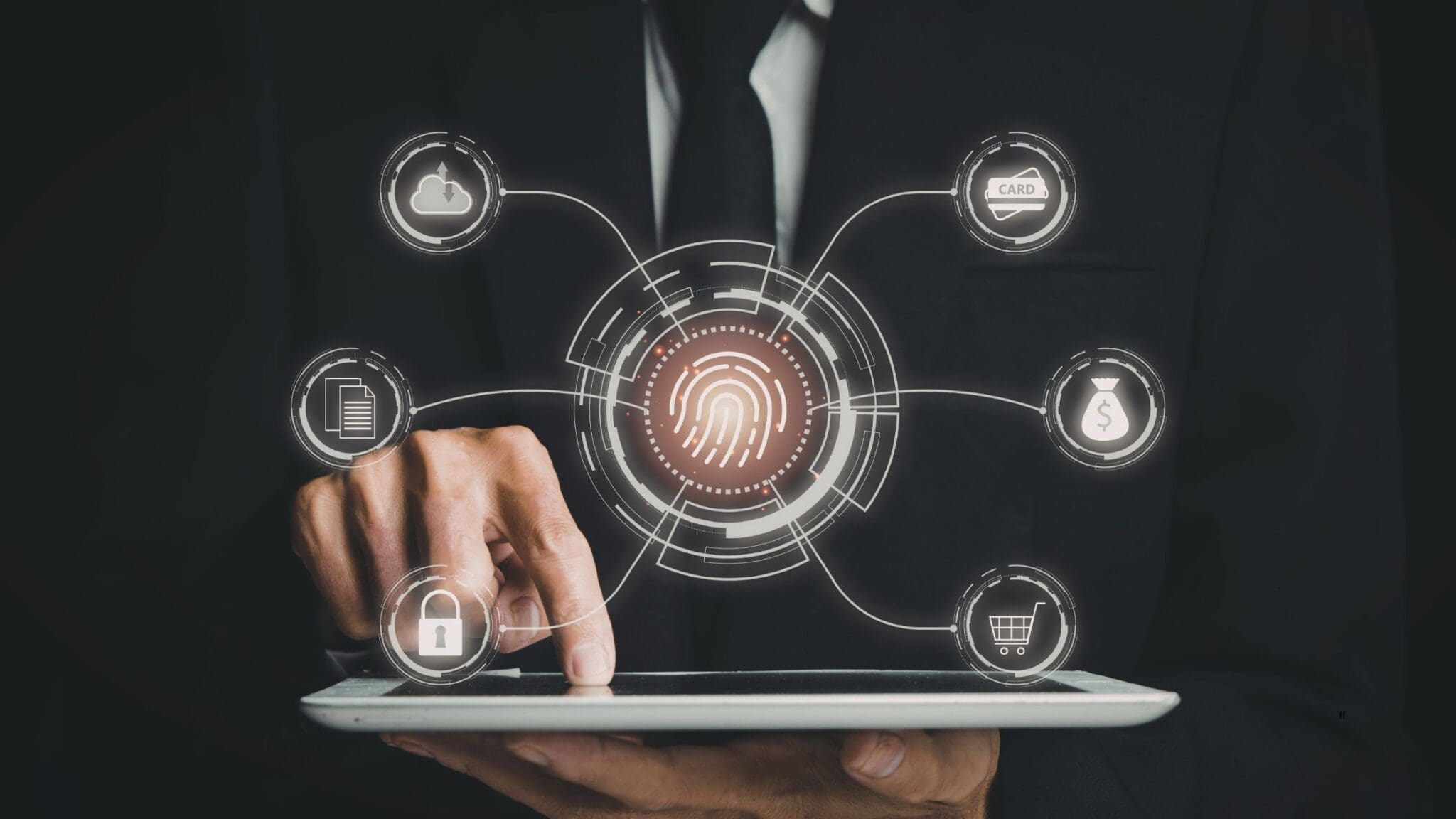 Businessman interacting with digital technology icons.