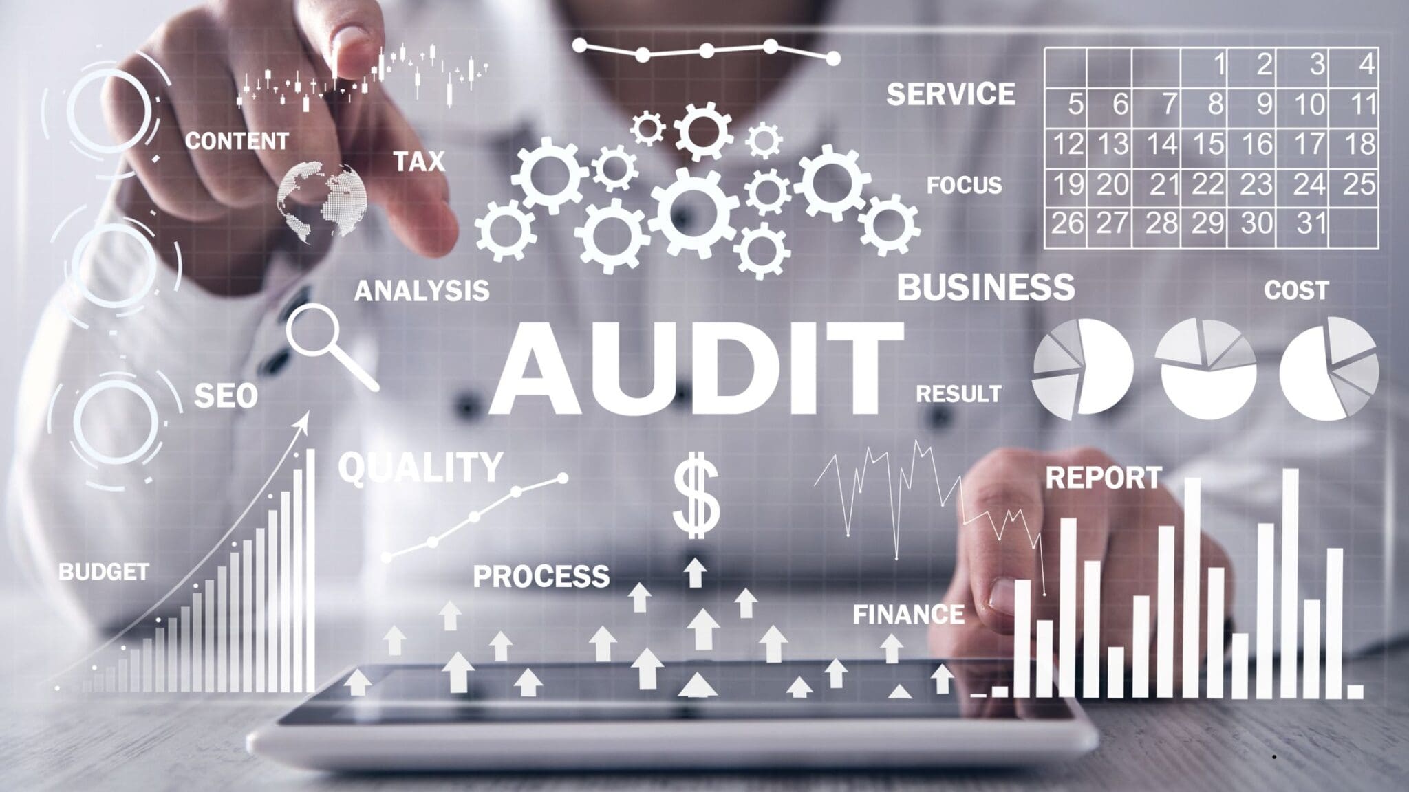 Business professionals discussing audit processes with graphical data overlays.