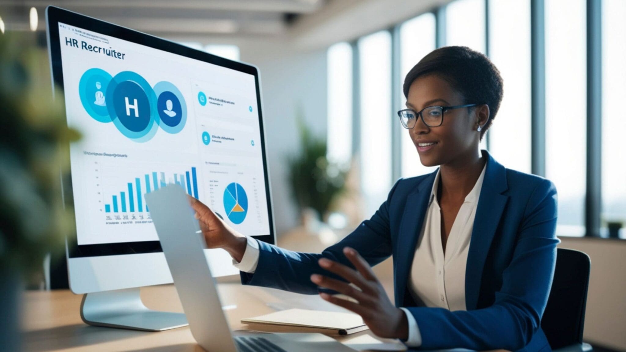 Businesswoman analyzing data charts on laptop in office.
