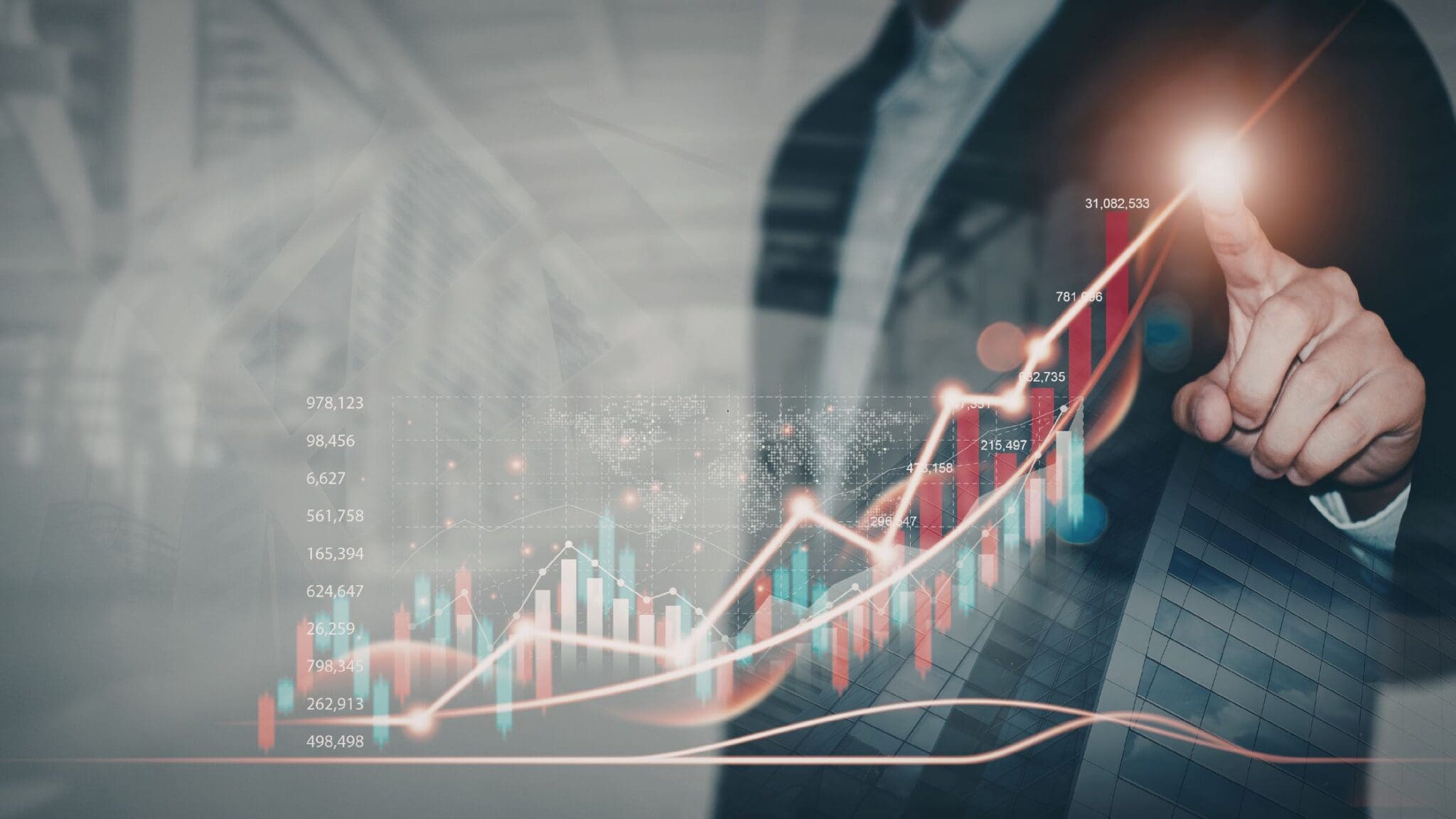 A rising financial chart with digital data overlays symbolizing growth.